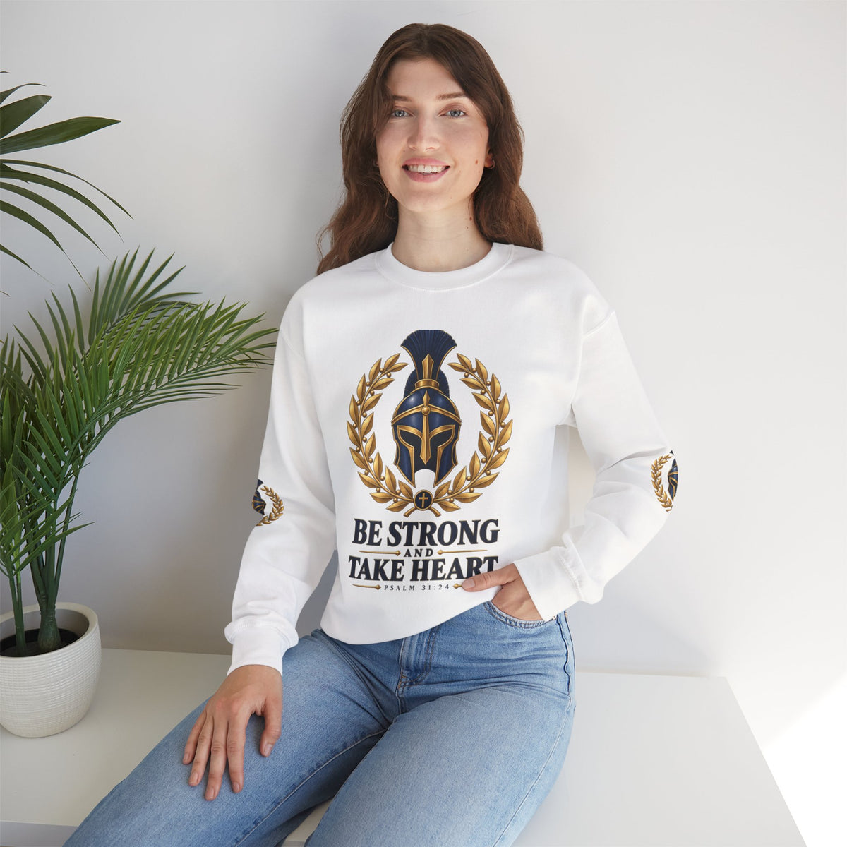 Crewneck Sweatshirt — "Be Strong and Take Heart" Psalm 31:24 Spartan Helmet Design