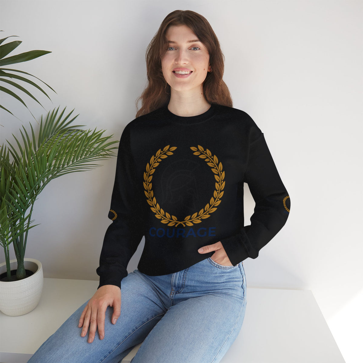 Courage Spartan Helmet Crewneck Sweatshirt — "Courage" with Laurel & Psalm 121:1-2