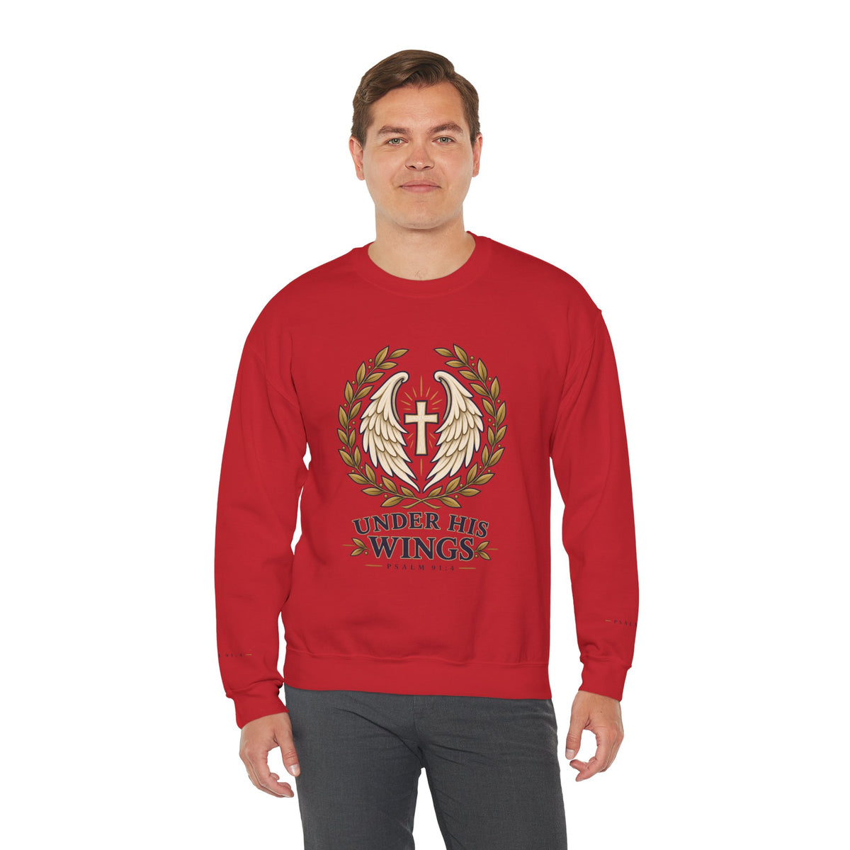 Under His Wings Crewneck Sweatshirt — Christian Cross & Angel Wings Psalm Design