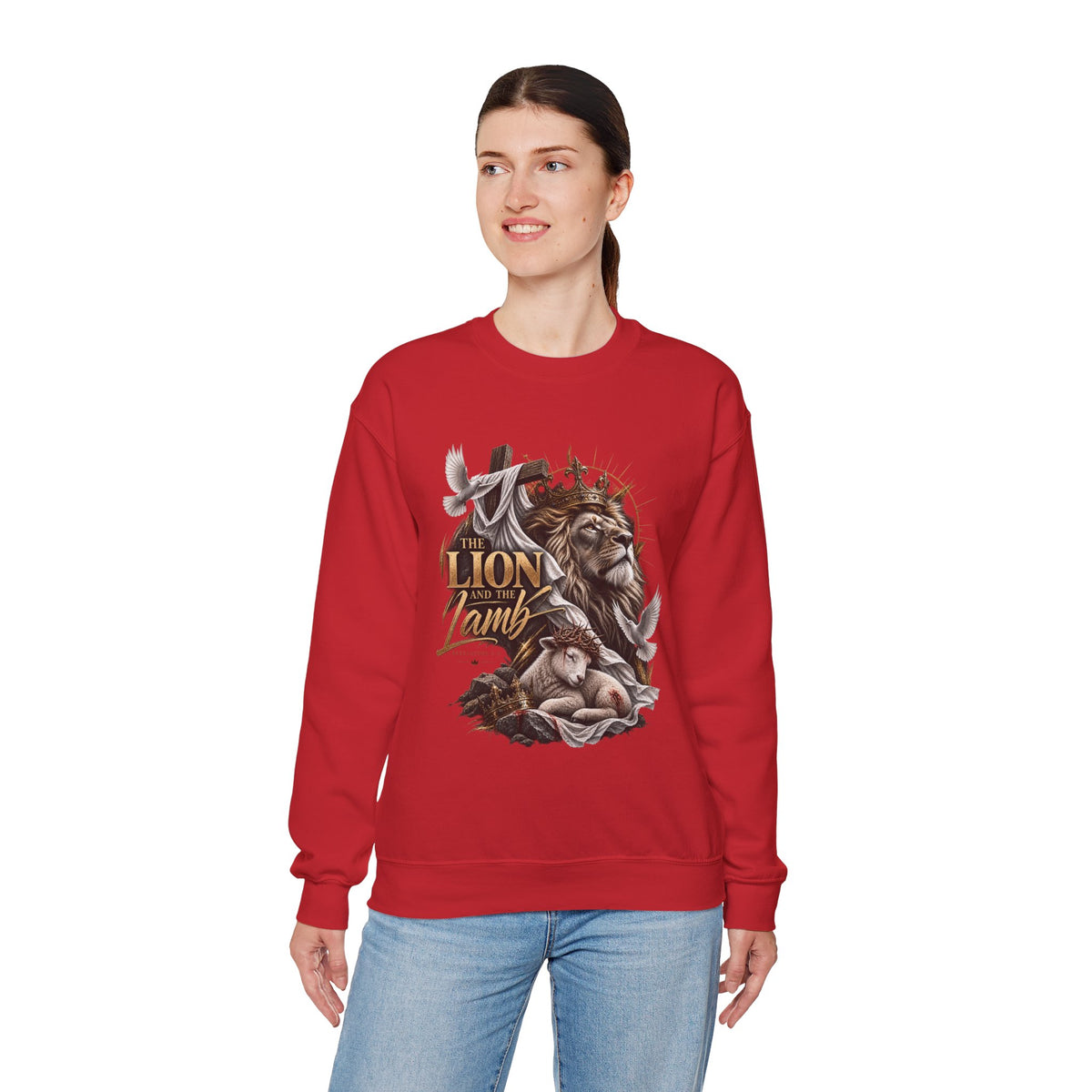Lion and Lamb Crewneck Sweatshirt — "The Lion and the Lamb" Christian Graphic Pullover