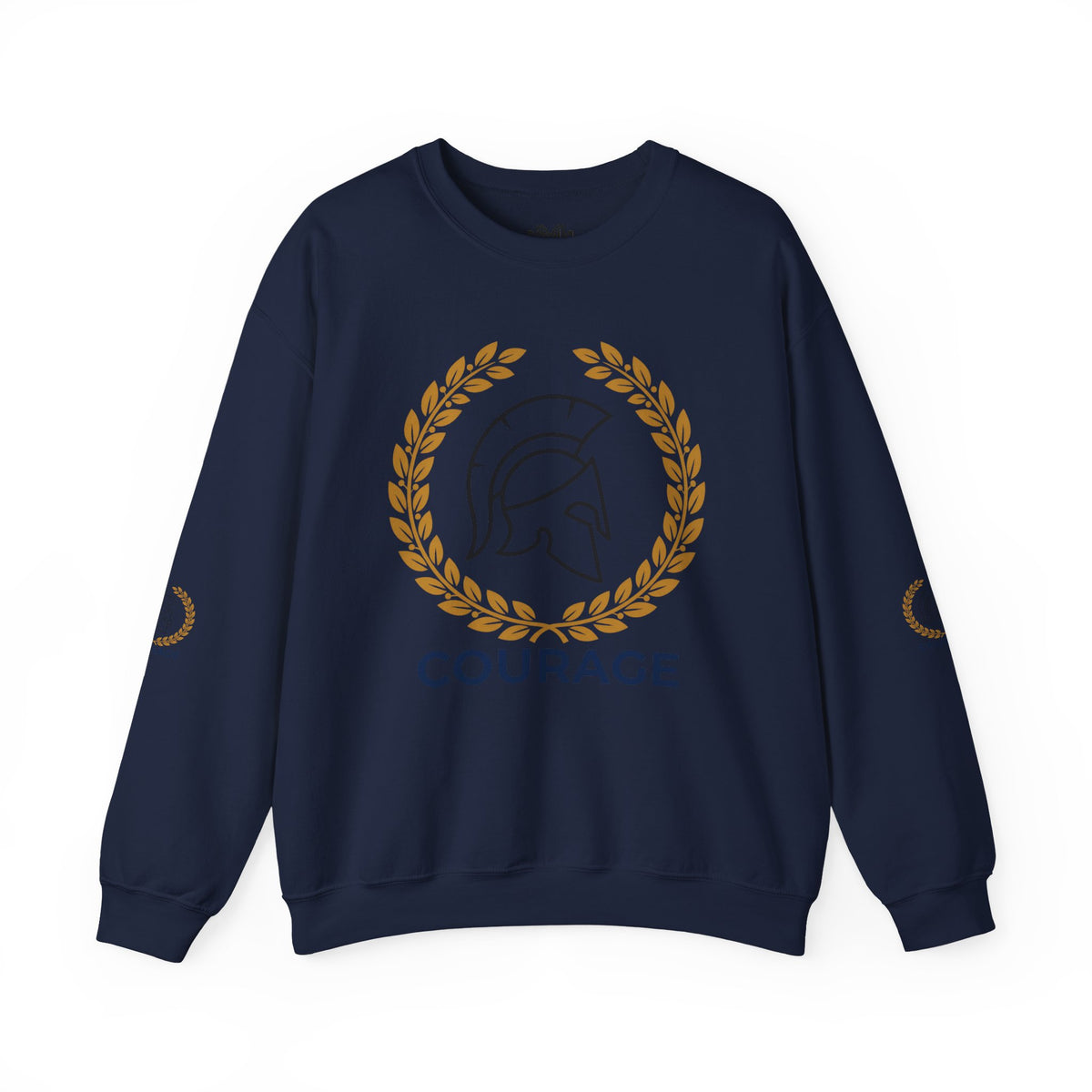 Courage Spartan Helmet Crewneck Sweatshirt — "Courage" with Laurel & Psalm 121:1-2