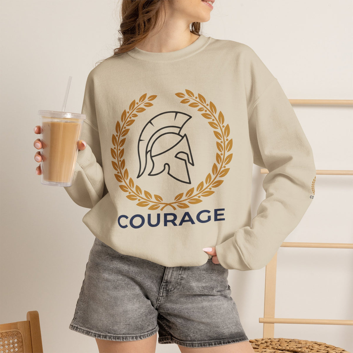 Courage Spartan Helmet Crewneck Sweatshirt — "Courage" with Laurel & Psalm 121:1-2
