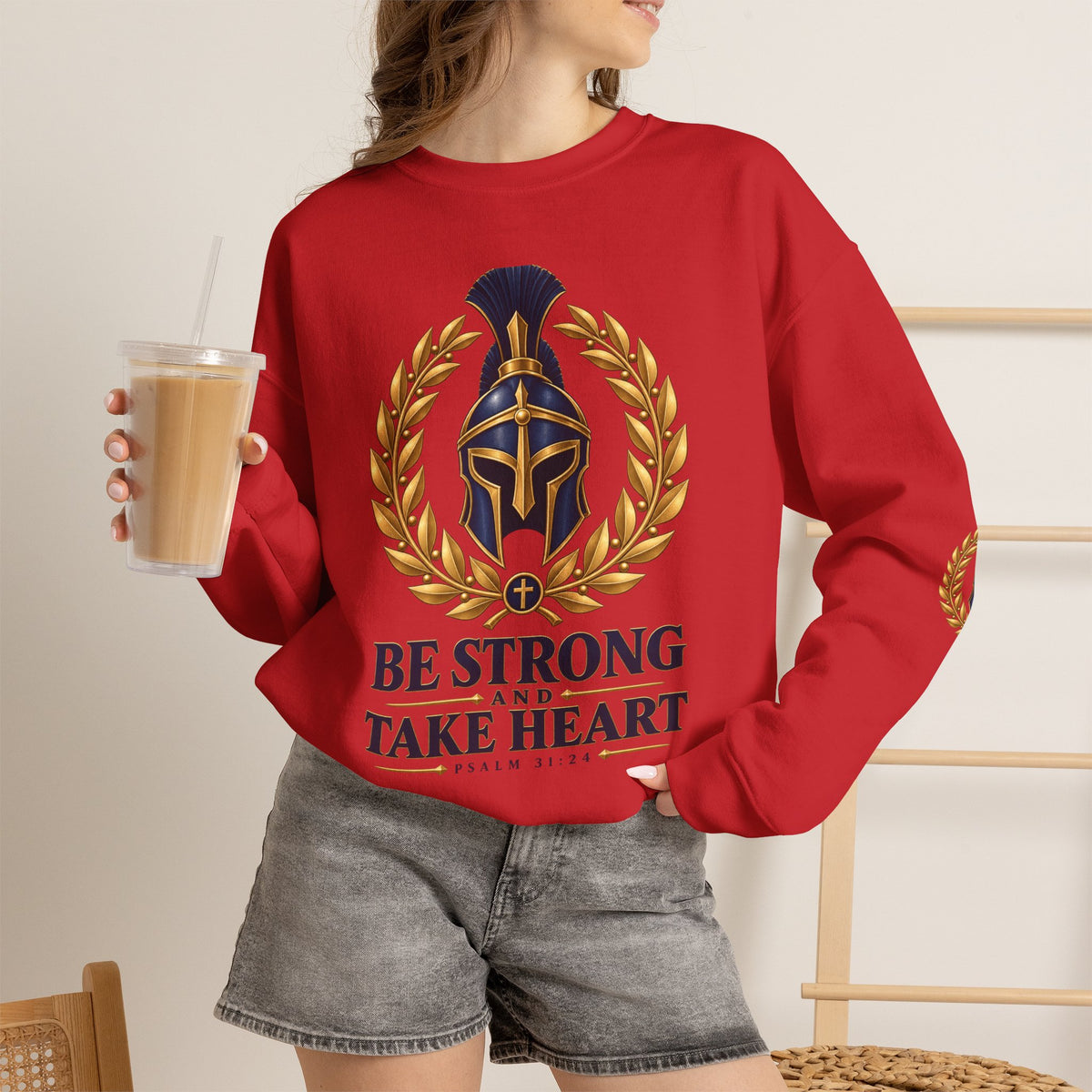 Crewneck Sweatshirt — "Be Strong and Take Heart" Psalm 31:24 Spartan Helmet Design