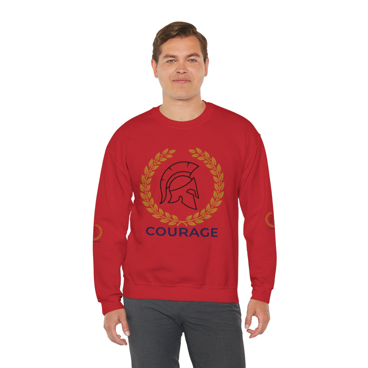 Courage Spartan Helmet Crewneck Sweatshirt — "Courage" with Laurel & Psalm 121:1-2