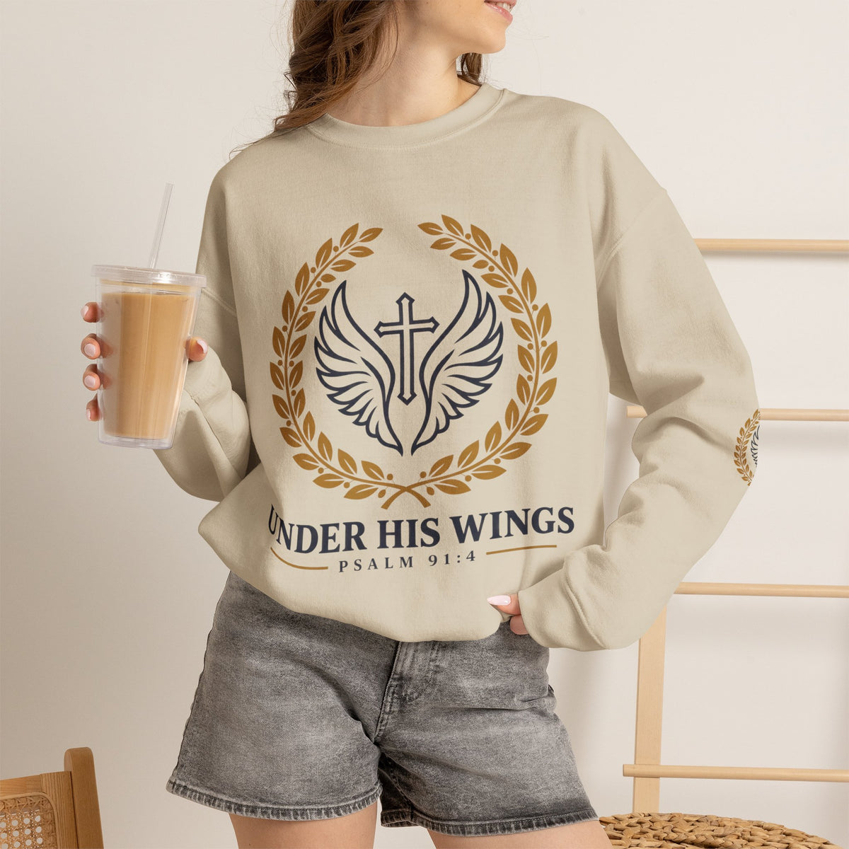 Religious Crewneck Sweatshirt – “Under His Wings” Psalm 91:4 Christian Pullover