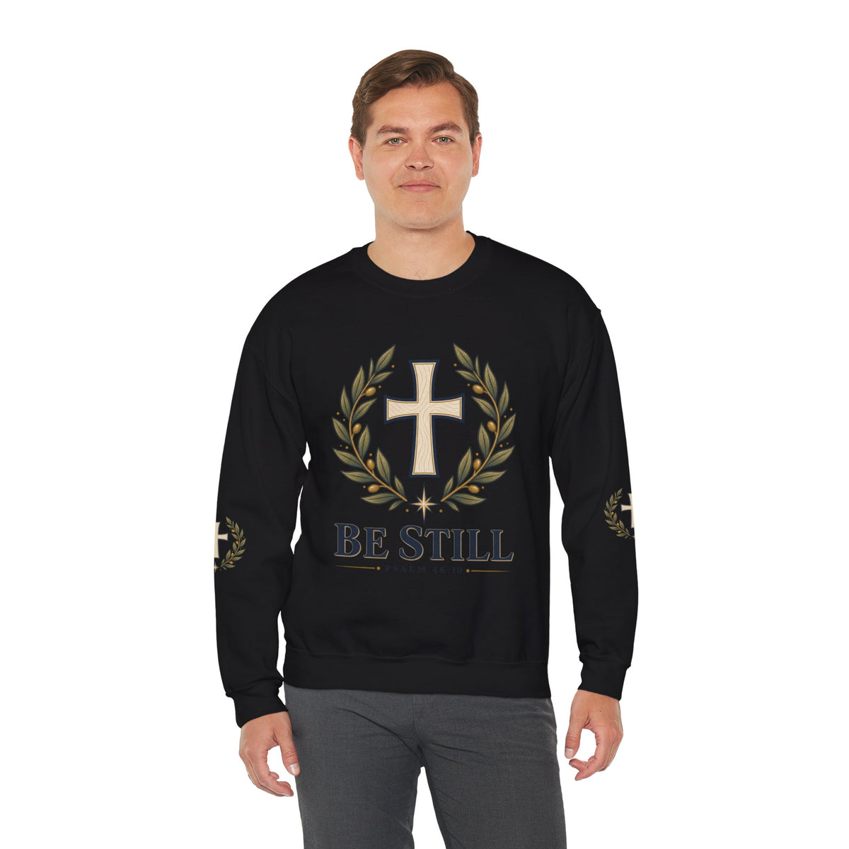 Crewneck Sweatshirt — "Be Still" Psalm 46:10 Christian Cross Design