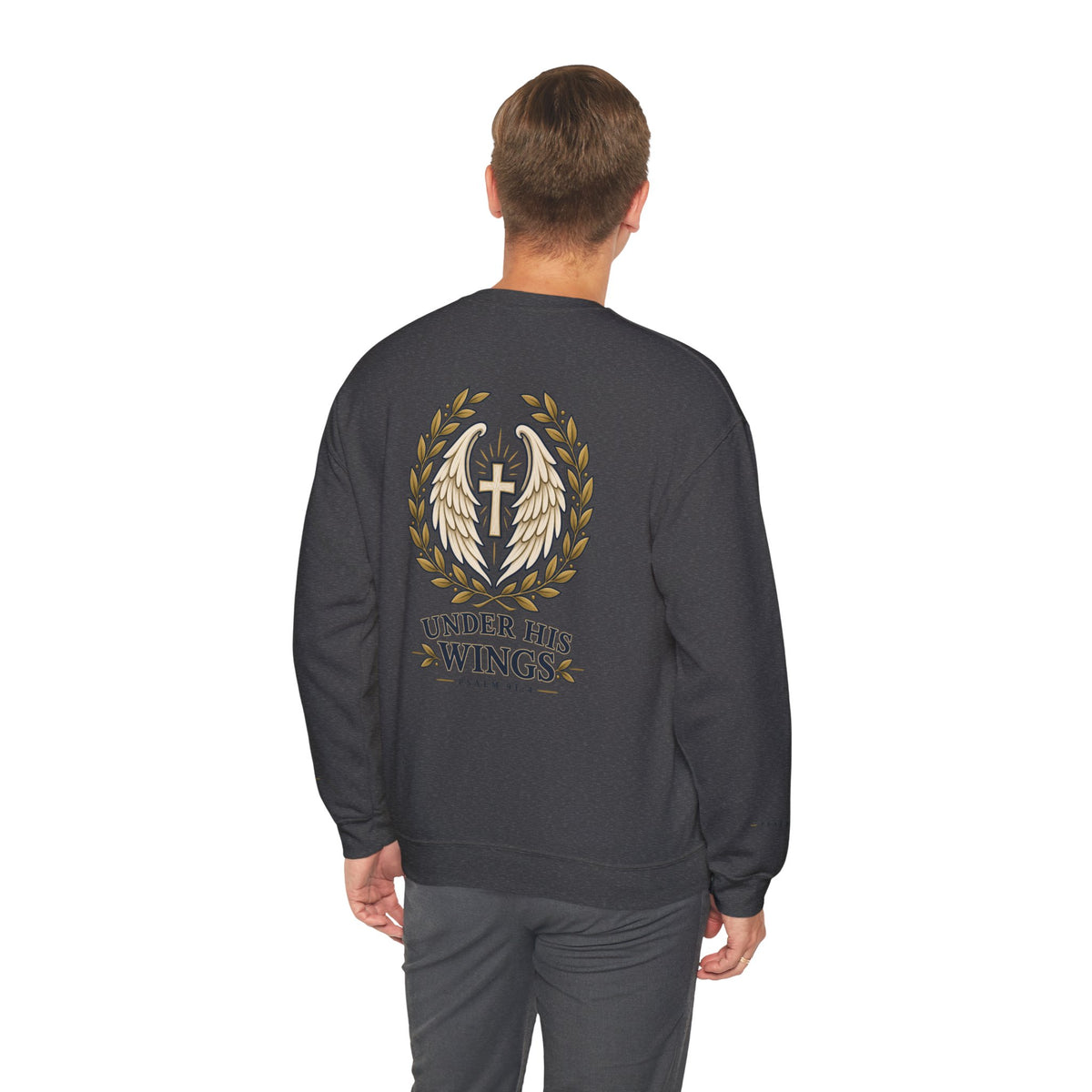 Under His Wings Crewneck Sweatshirt — Christian Cross & Angel Wings Psalm Design