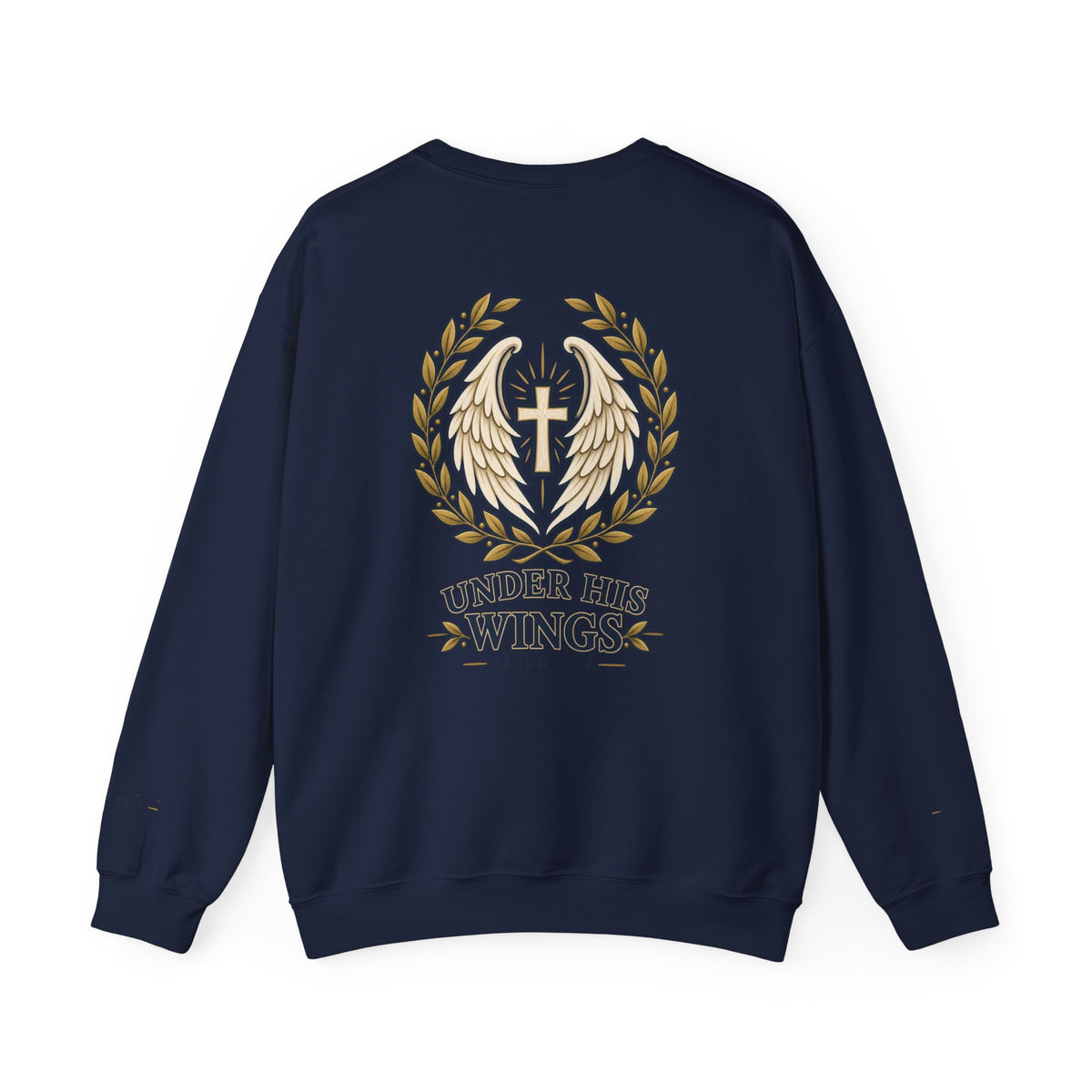 Under His Wings Crewneck Sweatshirt — Christian Cross & Angel Wings Psalm Design
