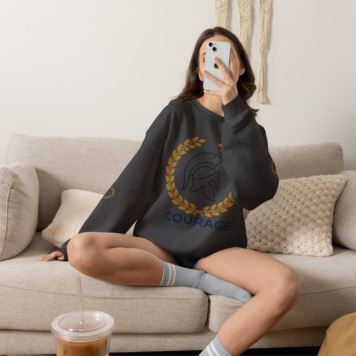 Courage Spartan Helmet Crewneck Sweatshirt — "Courage" with Laurel & Psalm 121:1-2