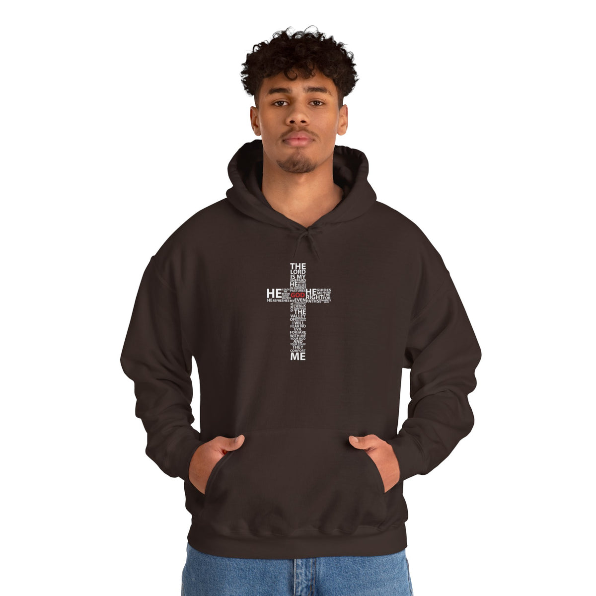 Christian Cross Hoodie - "He Renewed Me" Word Cloud Faith Sweatshirt