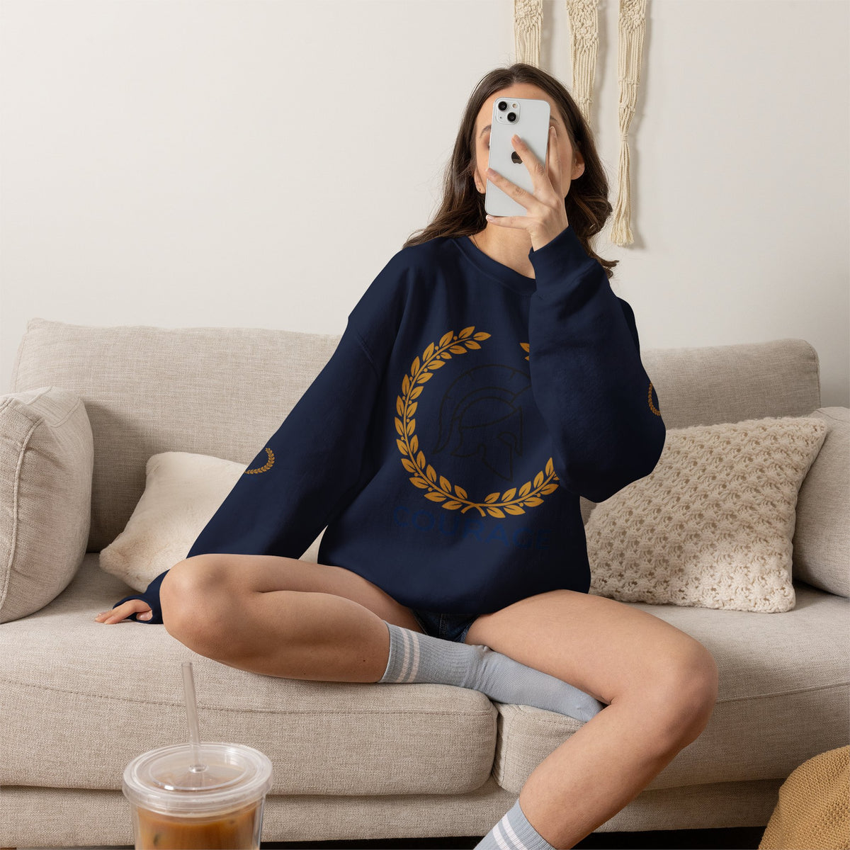 Courage Spartan Helmet Crewneck Sweatshirt — "Courage" with Laurel & Psalm 121:1-2
