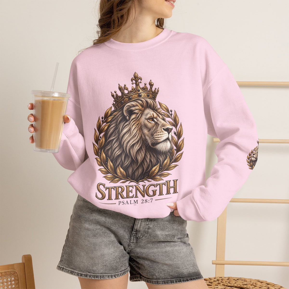 Strength Lion Crewneck Sweatshirt — Psalm 28:7 Inspirational Pullover