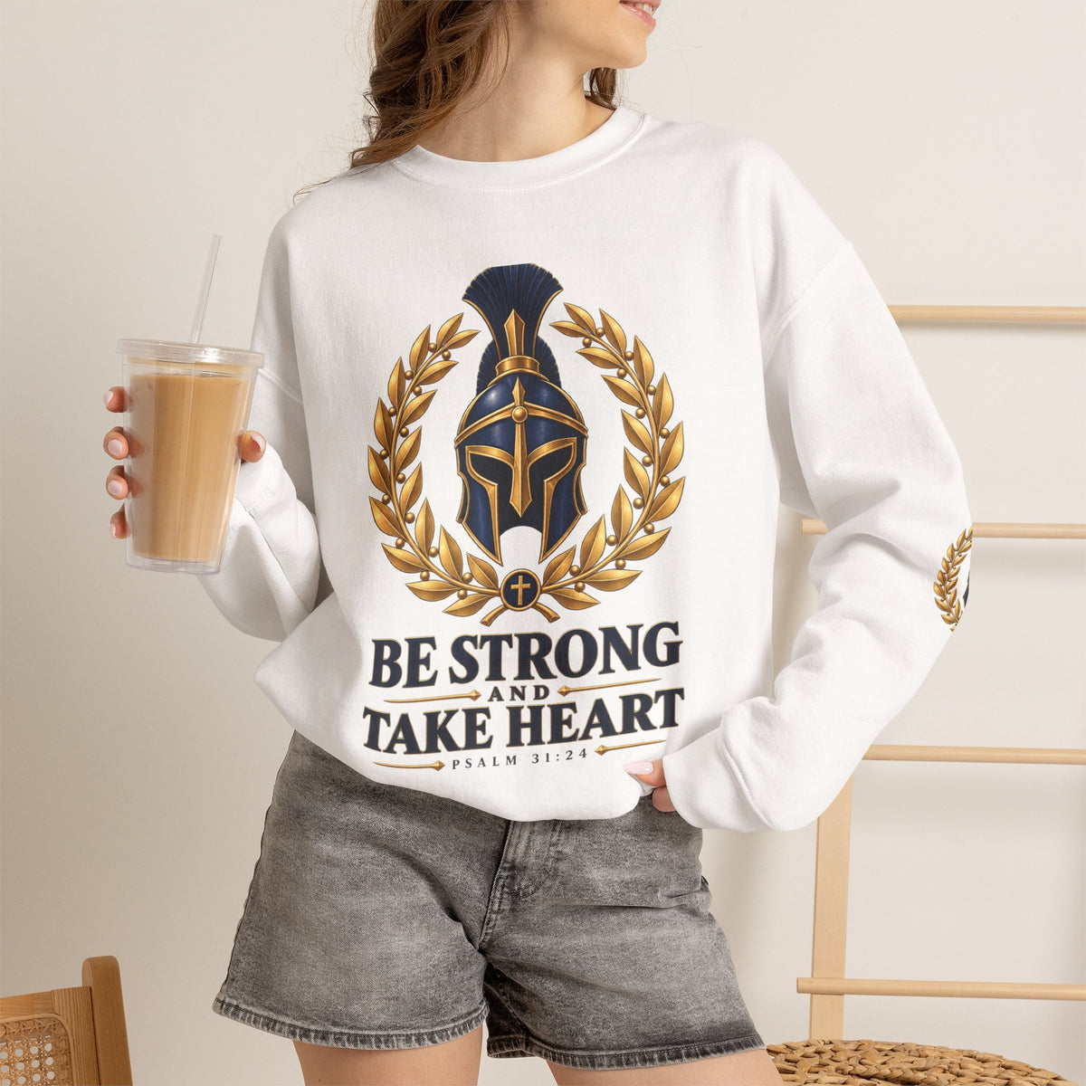 Crewneck Sweatshirt — "Be Strong and Take Heart" Psalm 31:24 Spartan Helmet Design