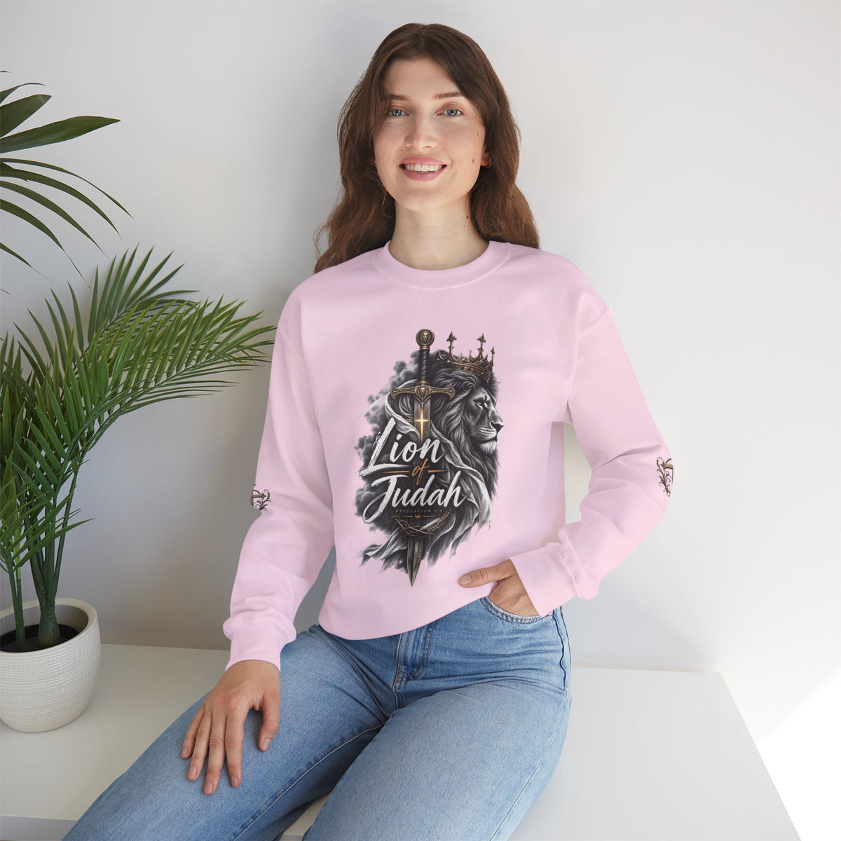 Lion of Judah Sweatshirt — Christian Lion Crewneck with Crown & Ichthys Back