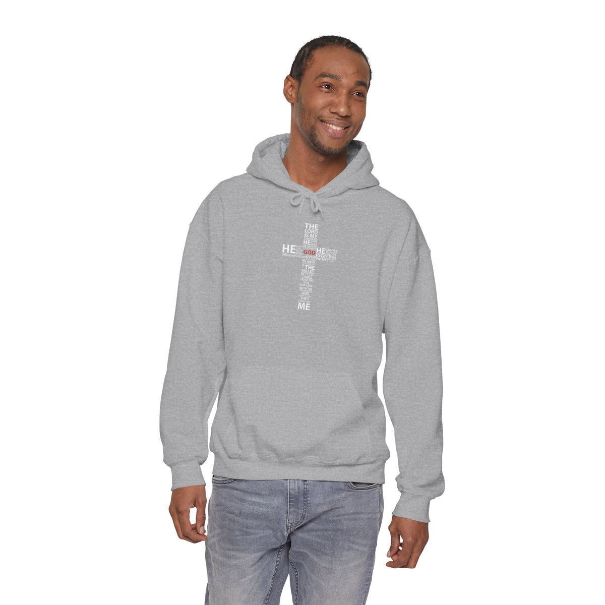 Christian Cross Hoodie - "He Renewed Me" Word Cloud Faith Sweatshirt