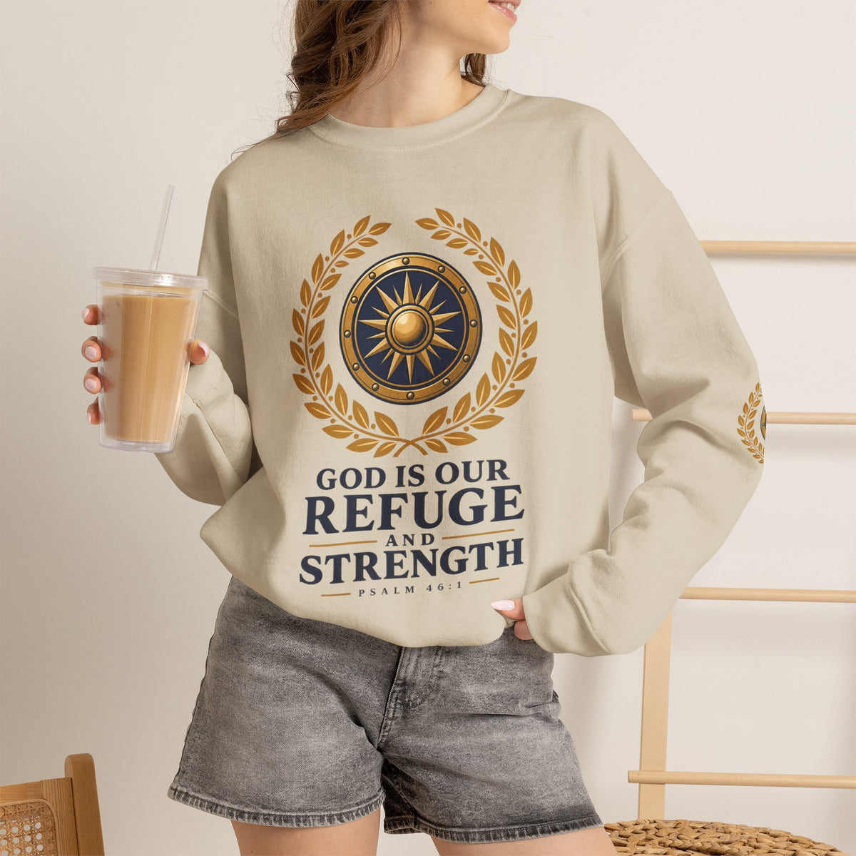 Crewneck Sweatshirt — “God Is Our Refuge and Strength” Psalm 46:1 Christian Faith Pullover