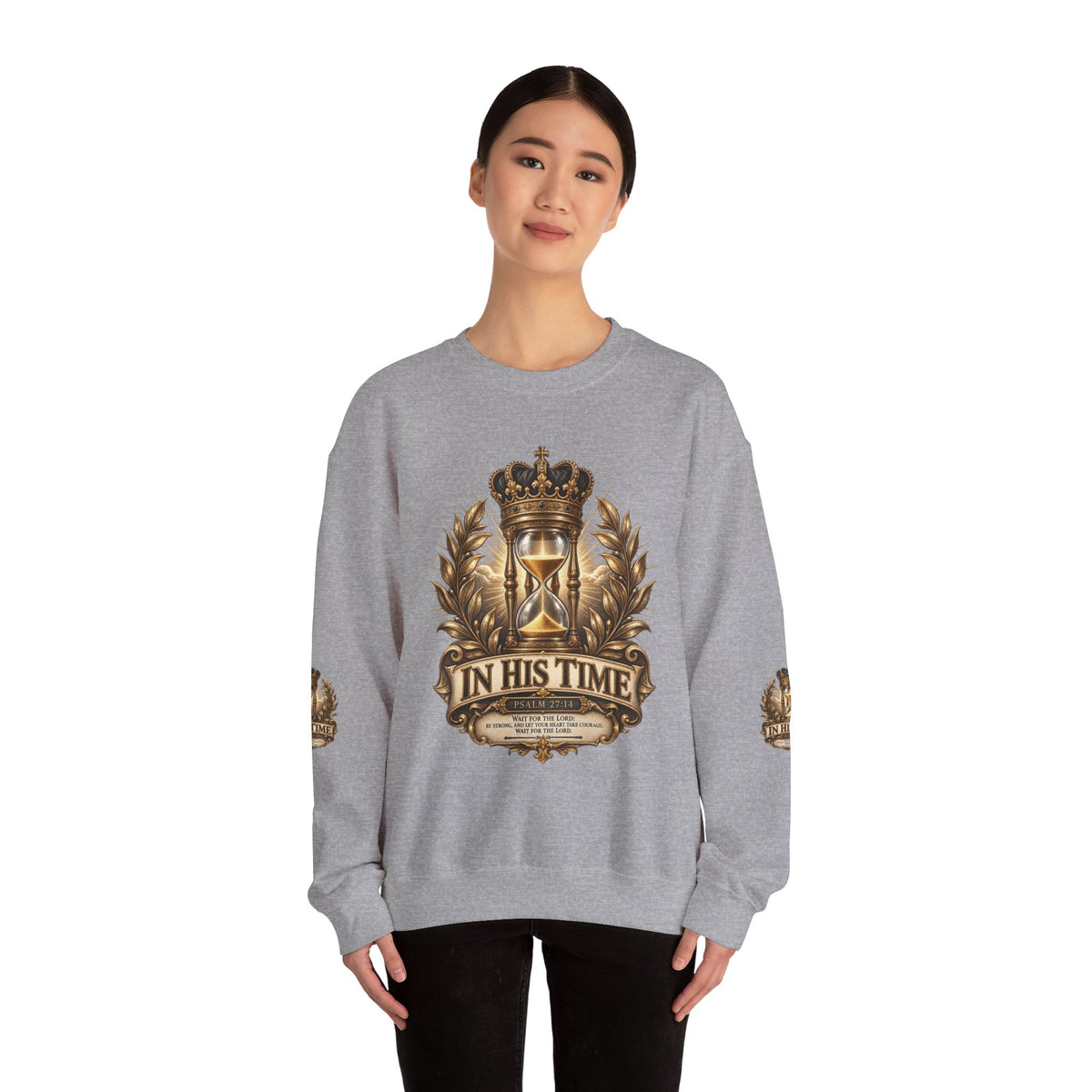In His Time Crewneck Sweatshirt – Inspirational Christian Scripture Hourglass Design