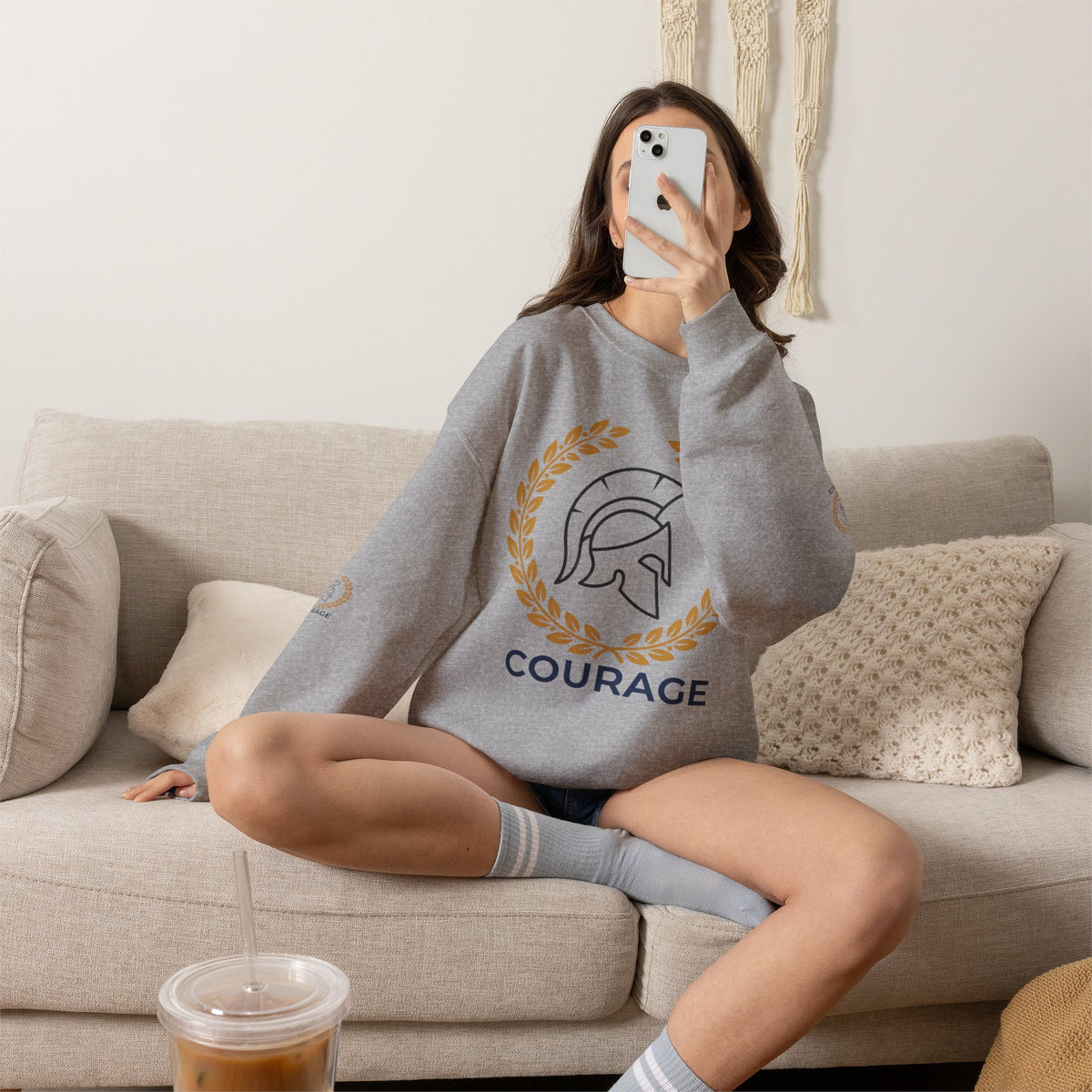 Courage Spartan Helmet Crewneck Sweatshirt — "Courage" with Laurel & Psalm 121:1-2