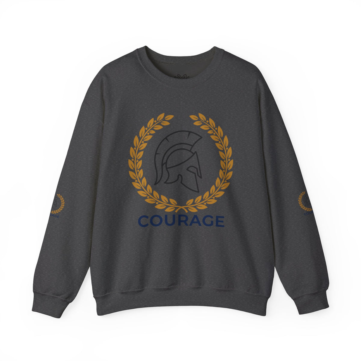 Courage Spartan Helmet Crewneck Sweatshirt — "Courage" with Laurel & Psalm 121:1-2