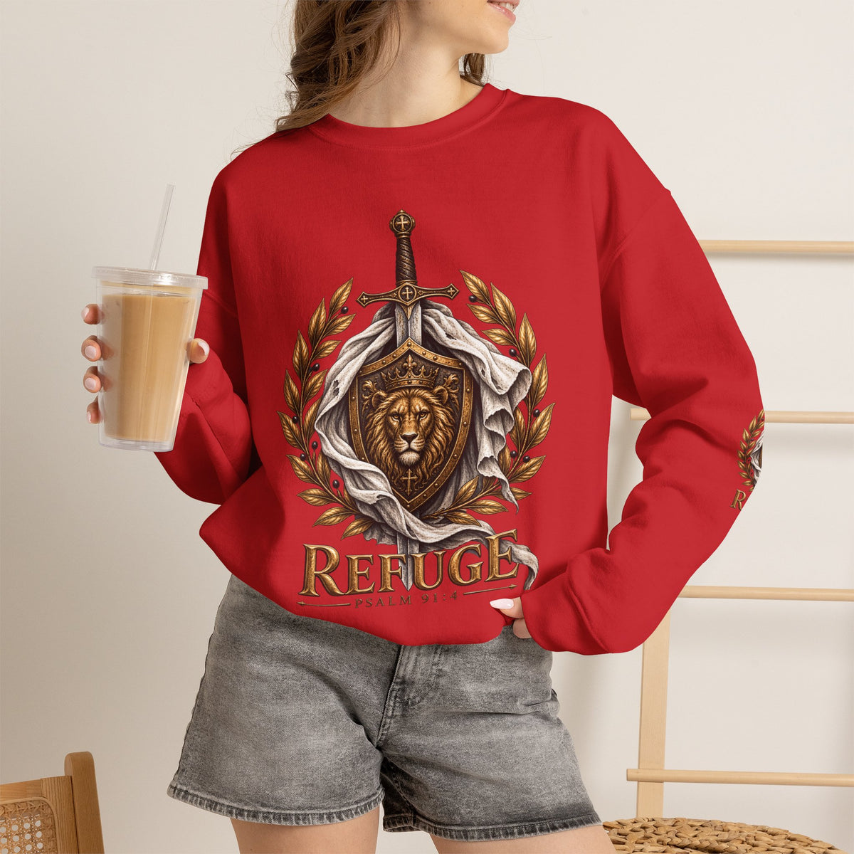 Crewneck Sweatshirt — 'Refuge' Lion & Sword Psalm 91:4 Christian Pullover