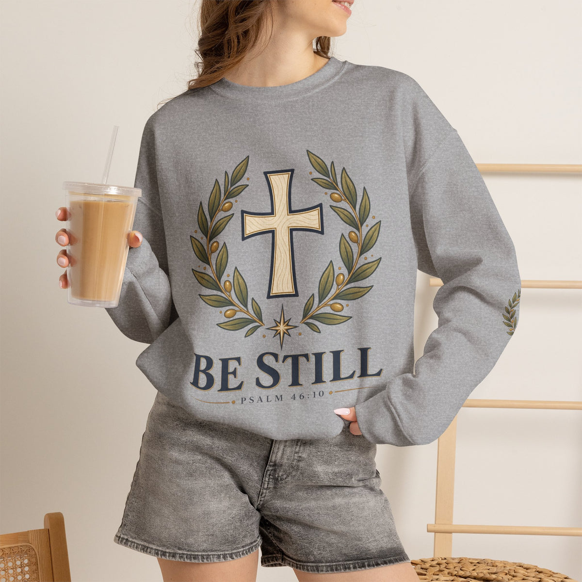 Crewneck Sweatshirt — "Be Still" Psalm 46:10 Christian Cross Design