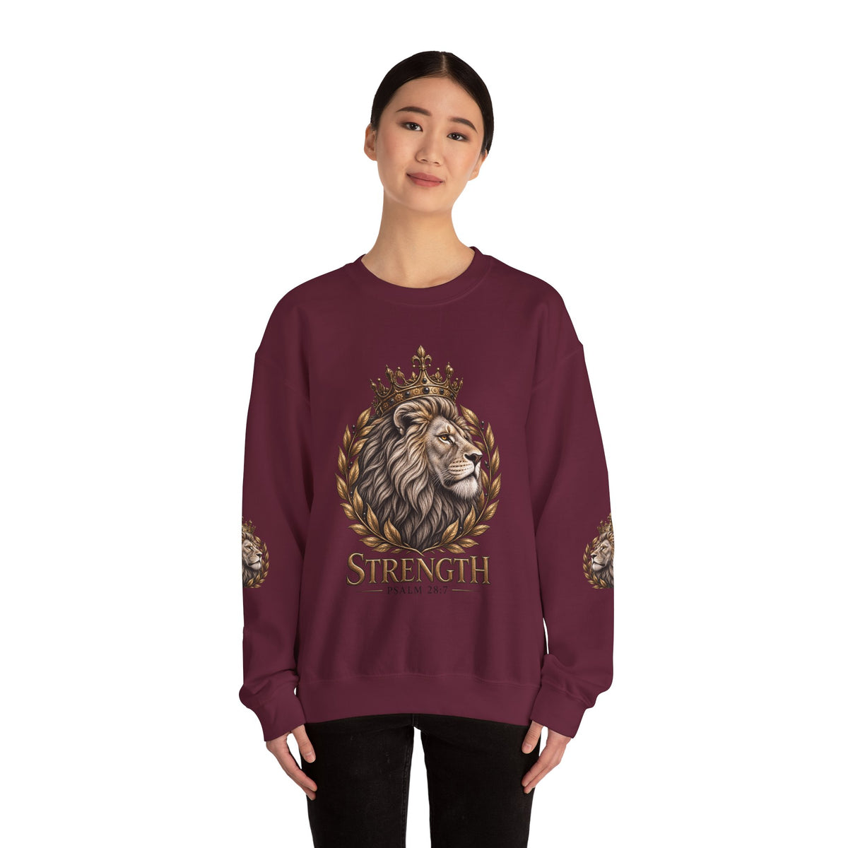 Strength Lion Crewneck Sweatshirt — Psalm 28:7 Inspirational Pullover