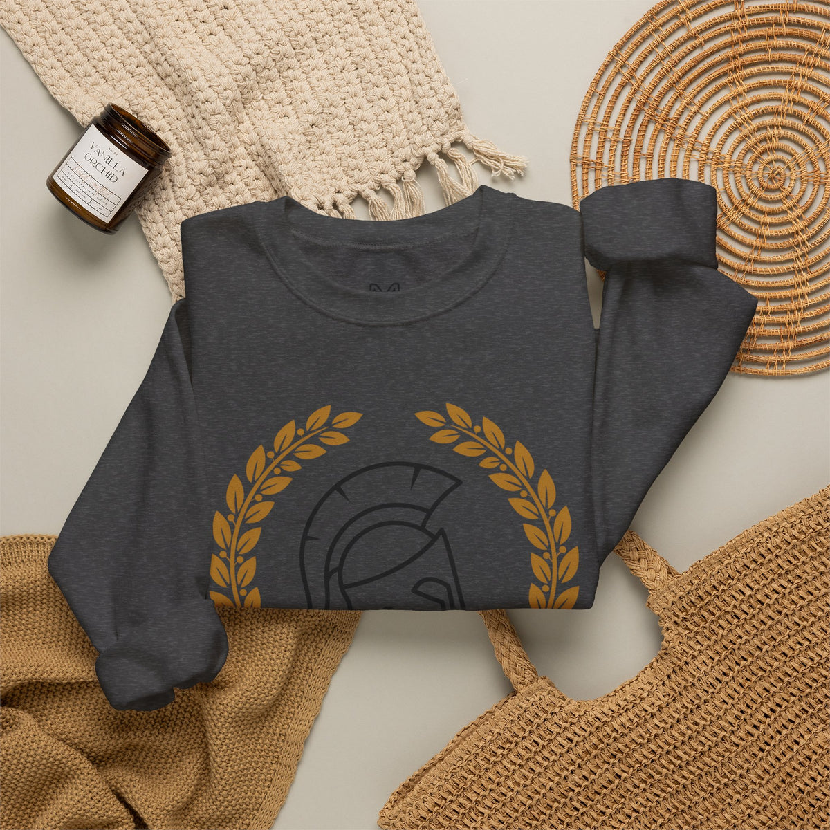 Courage Spartan Helmet Crewneck Sweatshirt — "Courage" with Laurel & Psalm 121:1-2