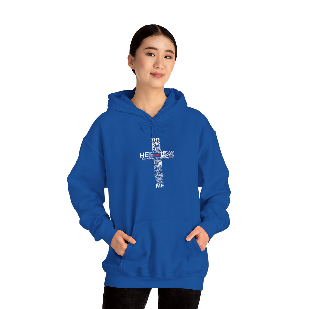 Christian Cross Hoodie - "He Renewed Me" Word Cloud Faith Sweatshirt