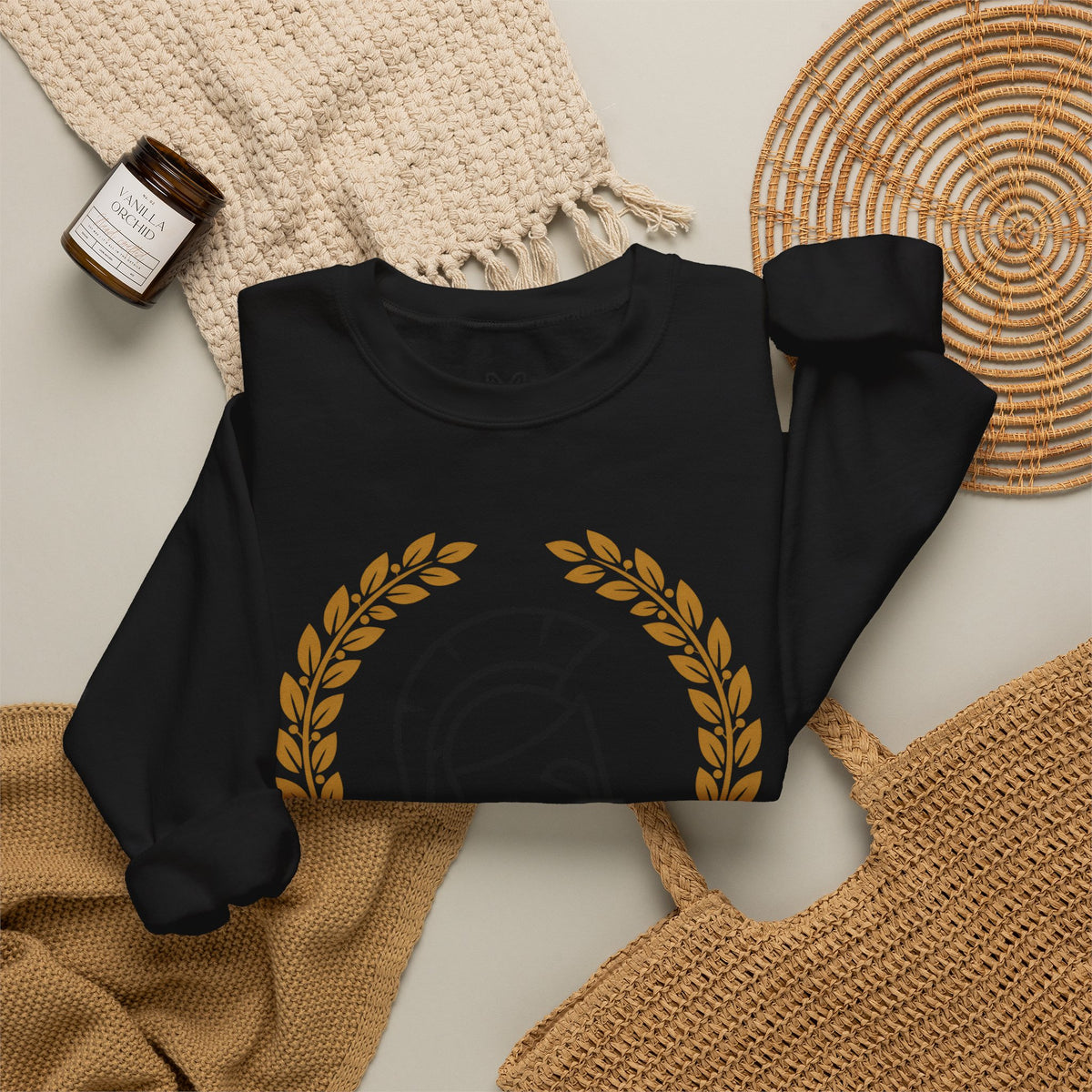 Courage Spartan Helmet Crewneck Sweatshirt — "Courage" with Laurel & Psalm 121:1-2