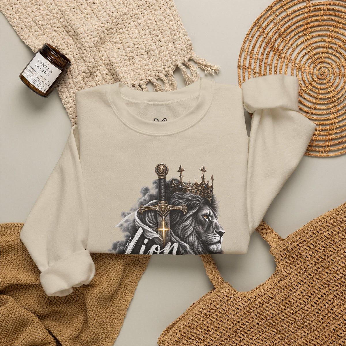 Lion of Judah Sweatshirt — Christian Lion Crewneck with Crown & Ichthys Back