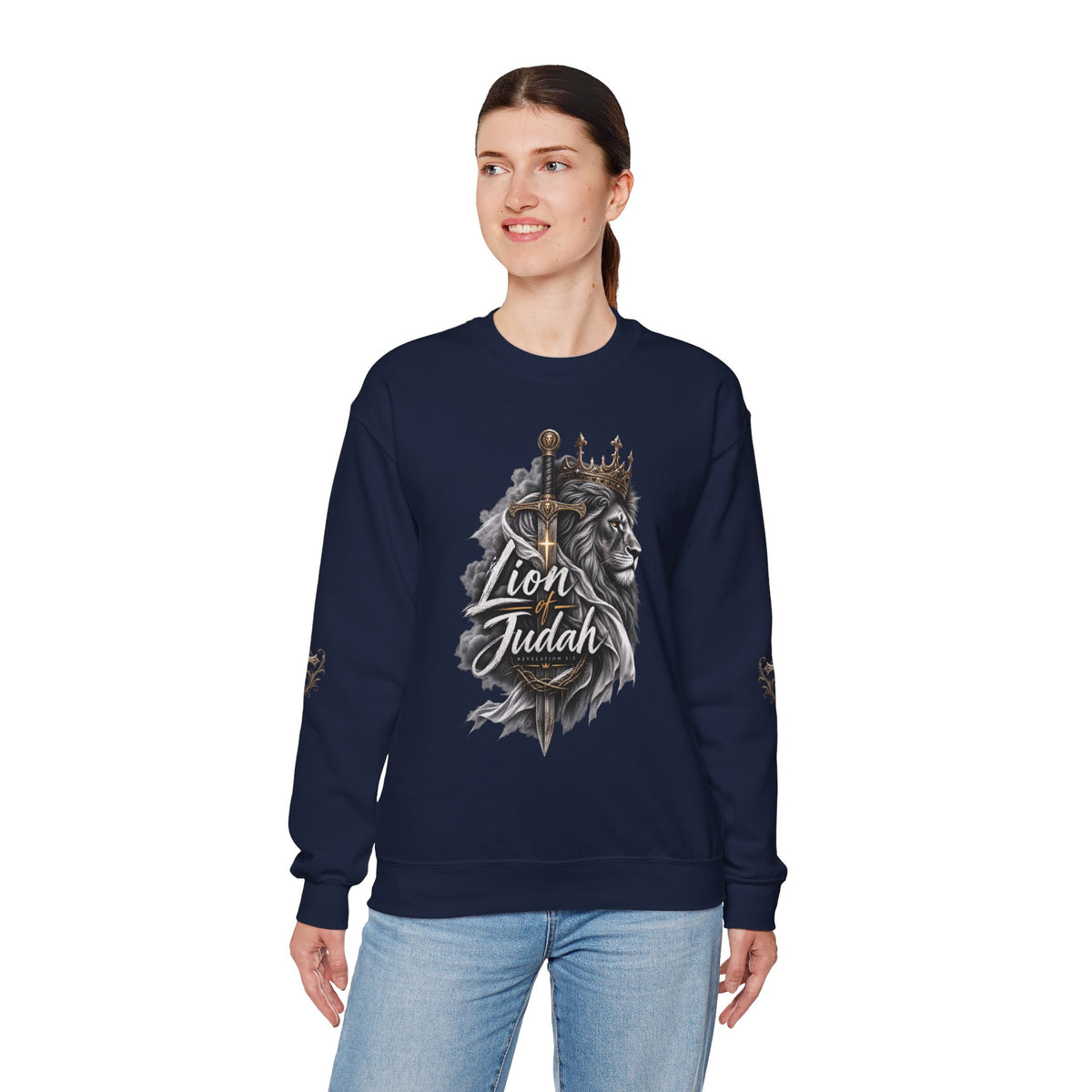 Lion of Judah Sweatshirt — Christian Lion Crewneck with Crown & Ichthys Back