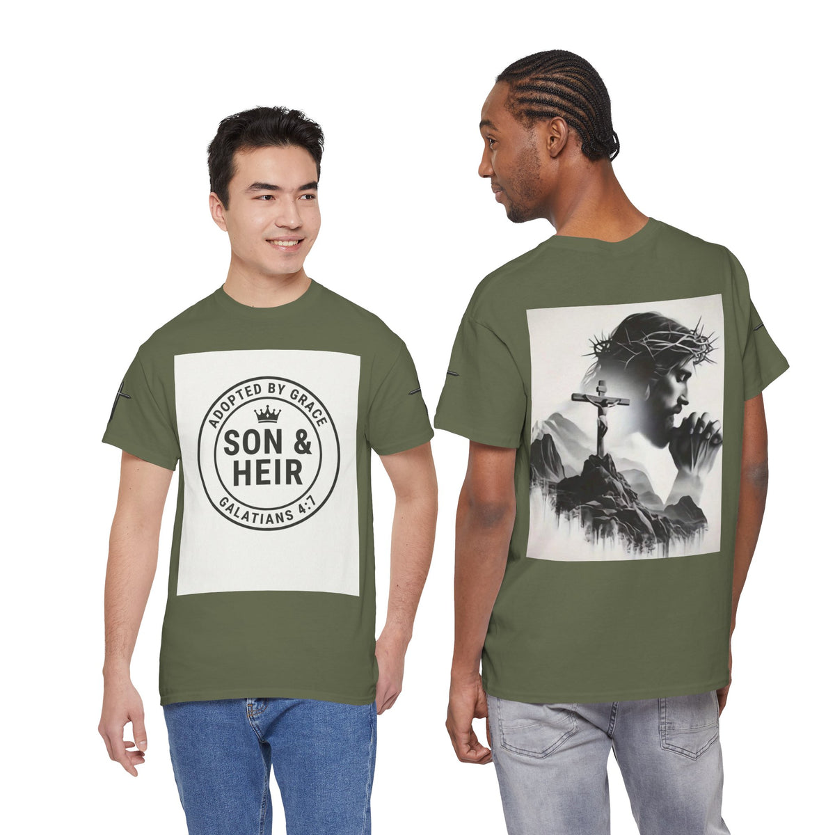Christian Son & Heir T-Shirt — 'Adopted by Grace' Faith Tee with Jesus Prayer Design