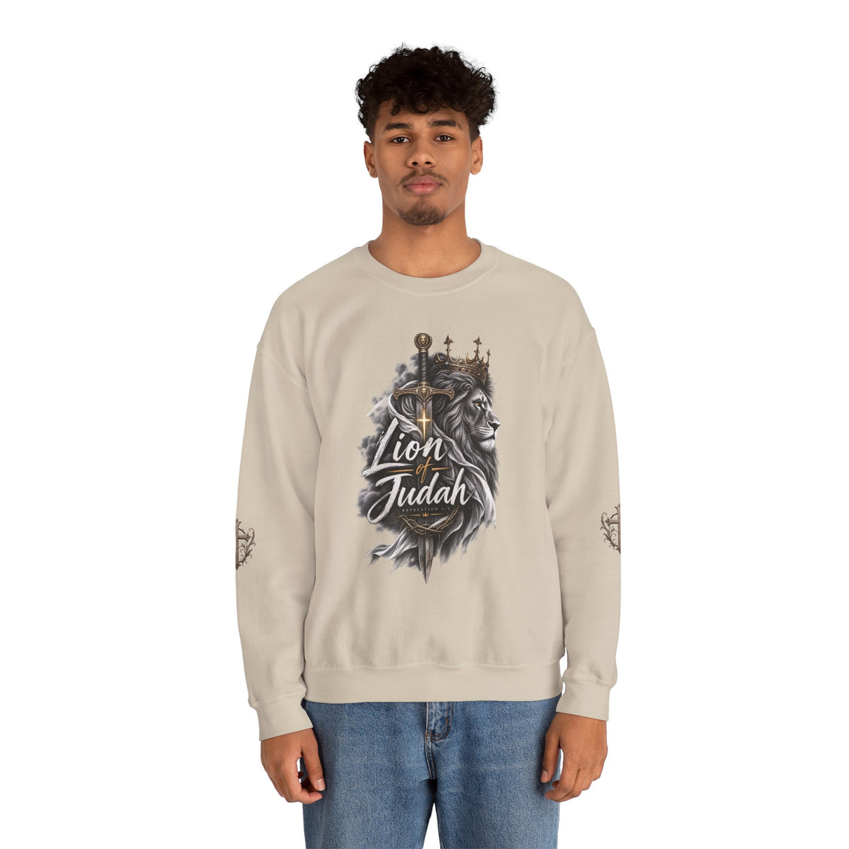 Lion of Judah Sweatshirt — Christian Lion Crewneck with Crown & Ichthys Back