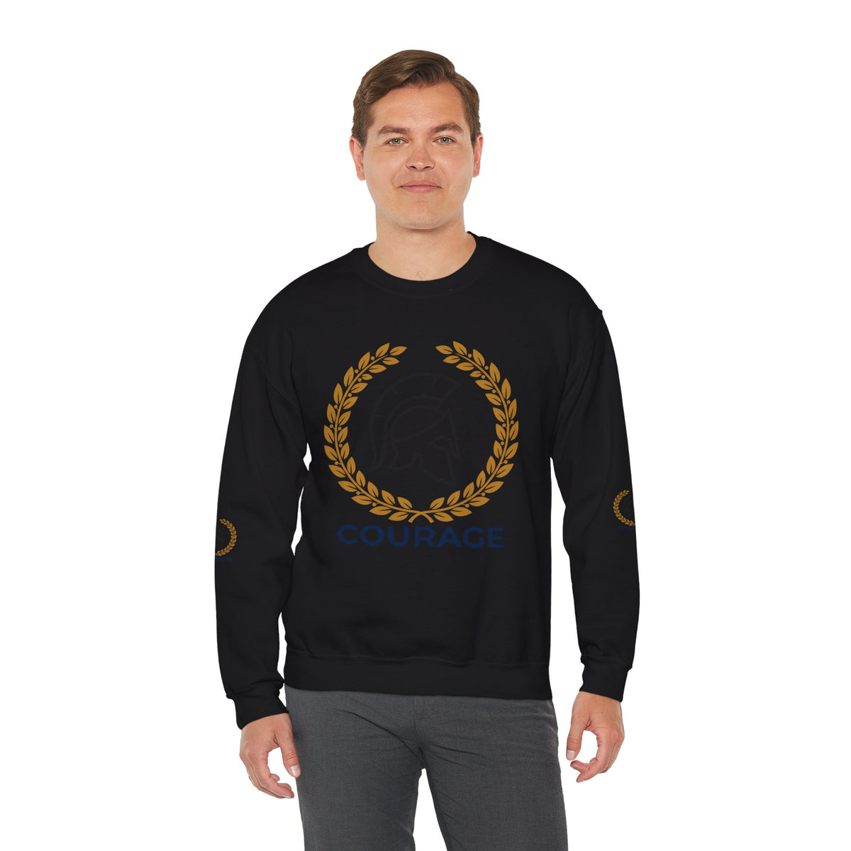 Courage Spartan Helmet Crewneck Sweatshirt — "Courage" with Laurel & Psalm 121:1-2