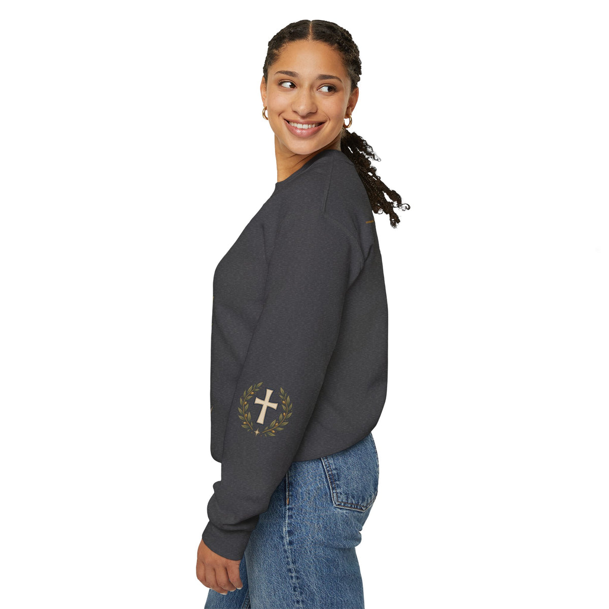 Crewneck Sweatshirt — "Be Still" Psalm 46:10 Christian Cross Design