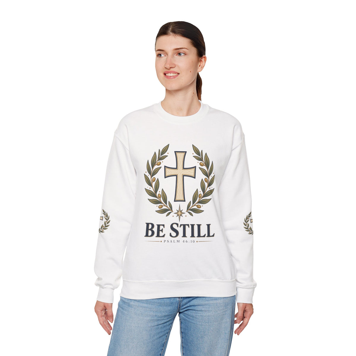 Crewneck Sweatshirt — "Be Still" Psalm 46:10 Christian Cross Design
