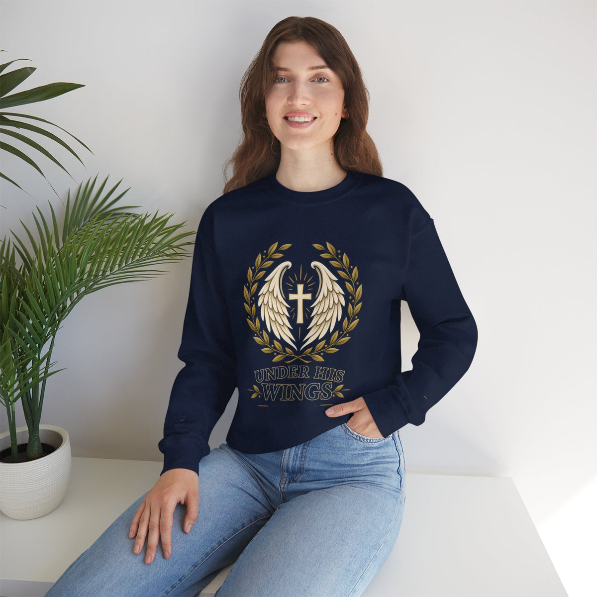 Under His Wings Crewneck Sweatshirt — Christian Cross & Angel Wings Psalm Design