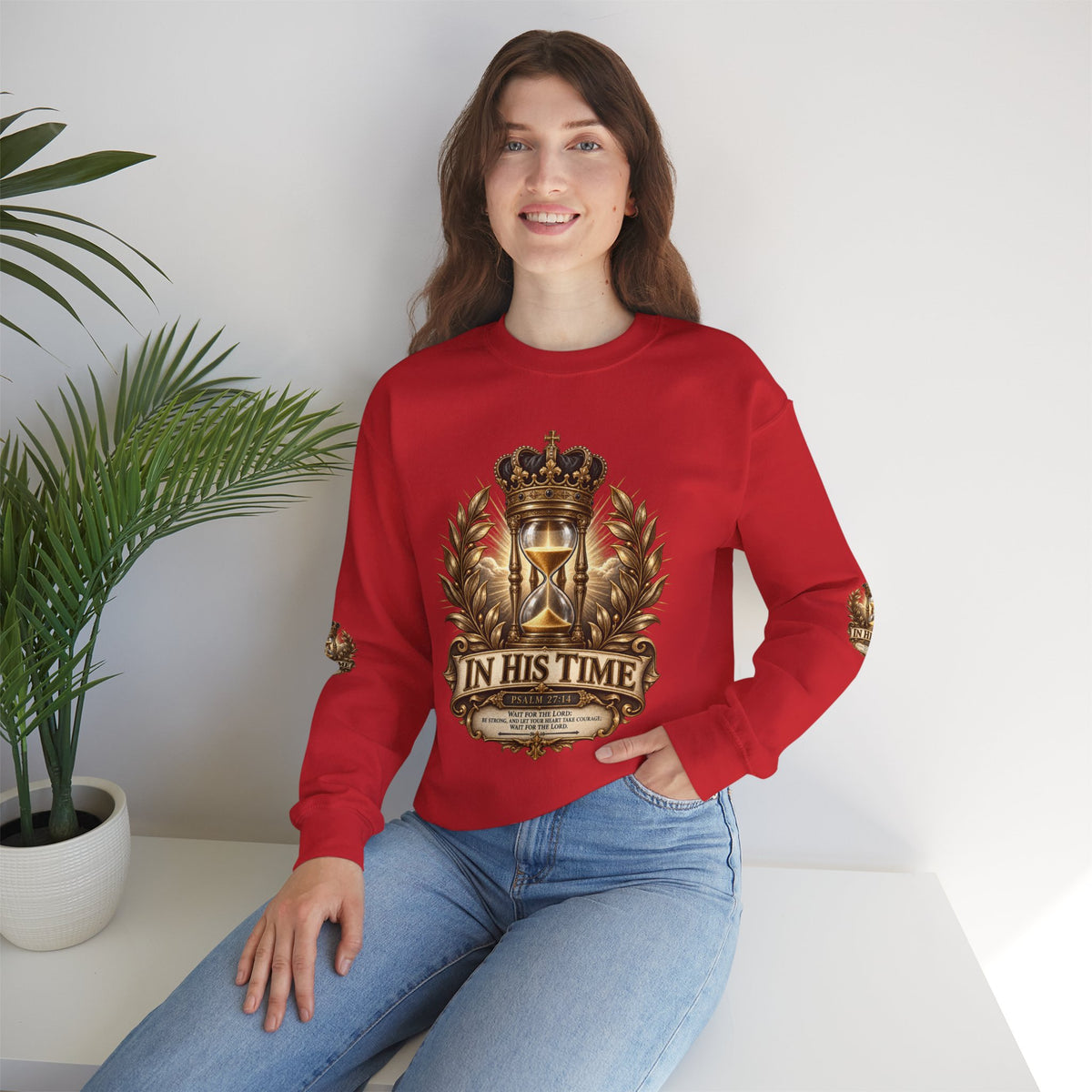 In His Time Crewneck Sweatshirt – Inspirational Christian Scripture Hourglass Design
