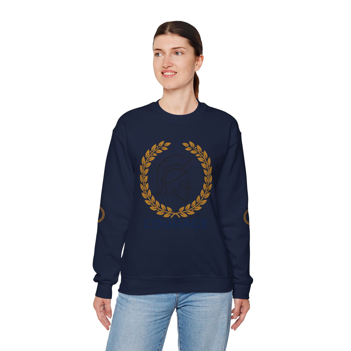 Courage Spartan Helmet Crewneck Sweatshirt — "Courage" with Laurel & Psalm 121:1-2