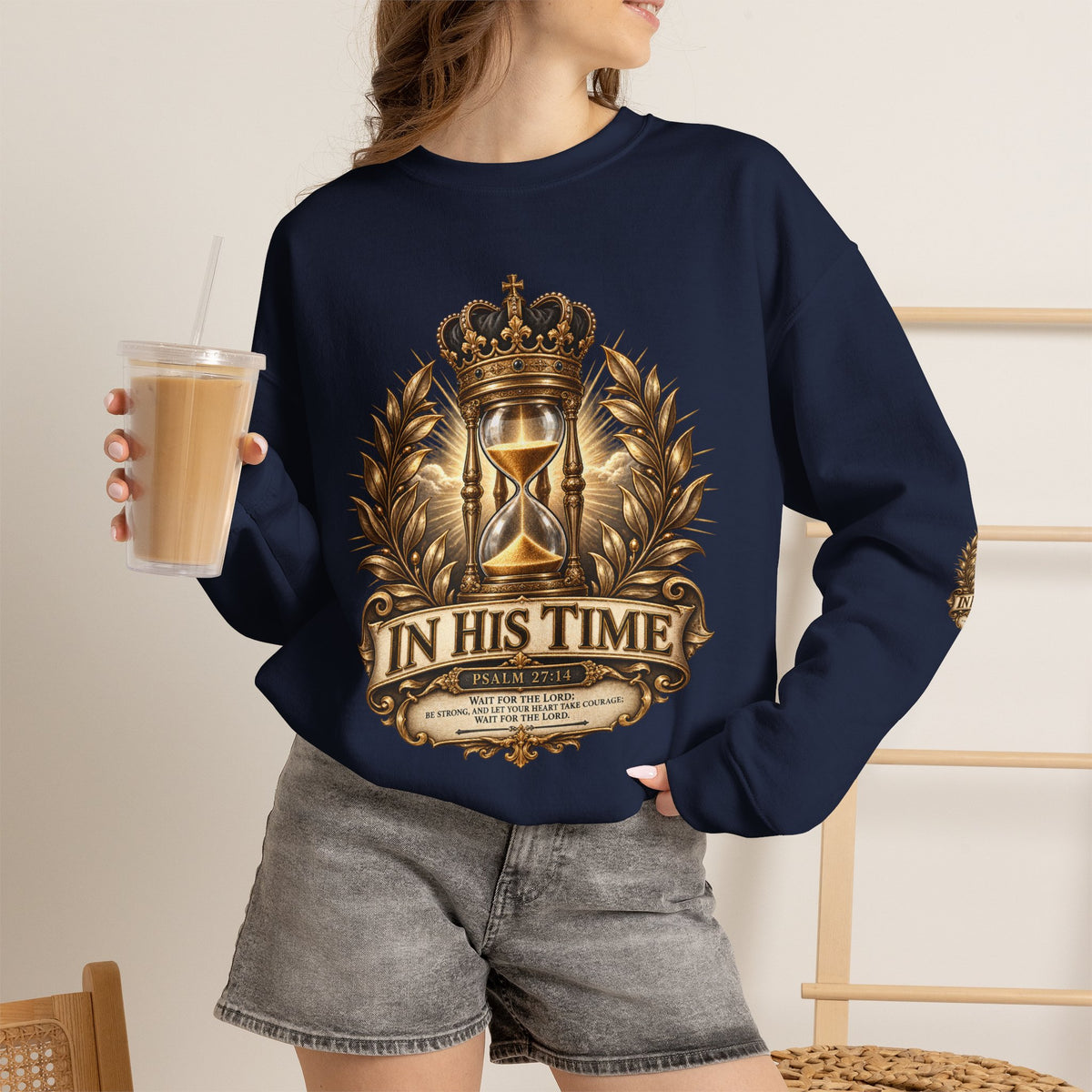 In His Time Crewneck Sweatshirt – Inspirational Christian Scripture Hourglass Design