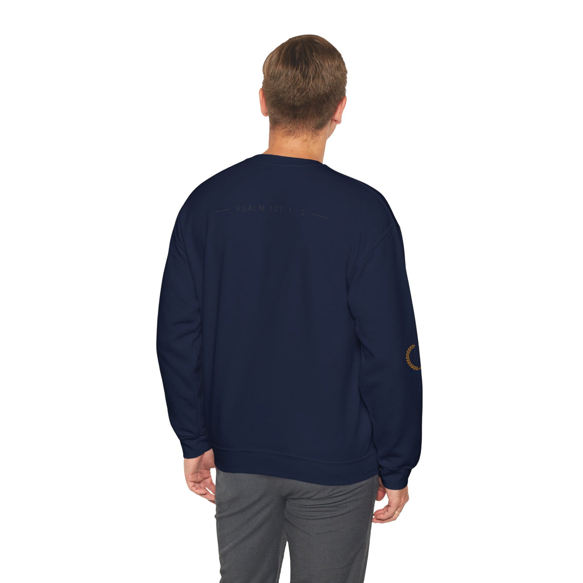 Courage Spartan Helmet Crewneck Sweatshirt — "Courage" with Laurel & Psalm 121:1-2