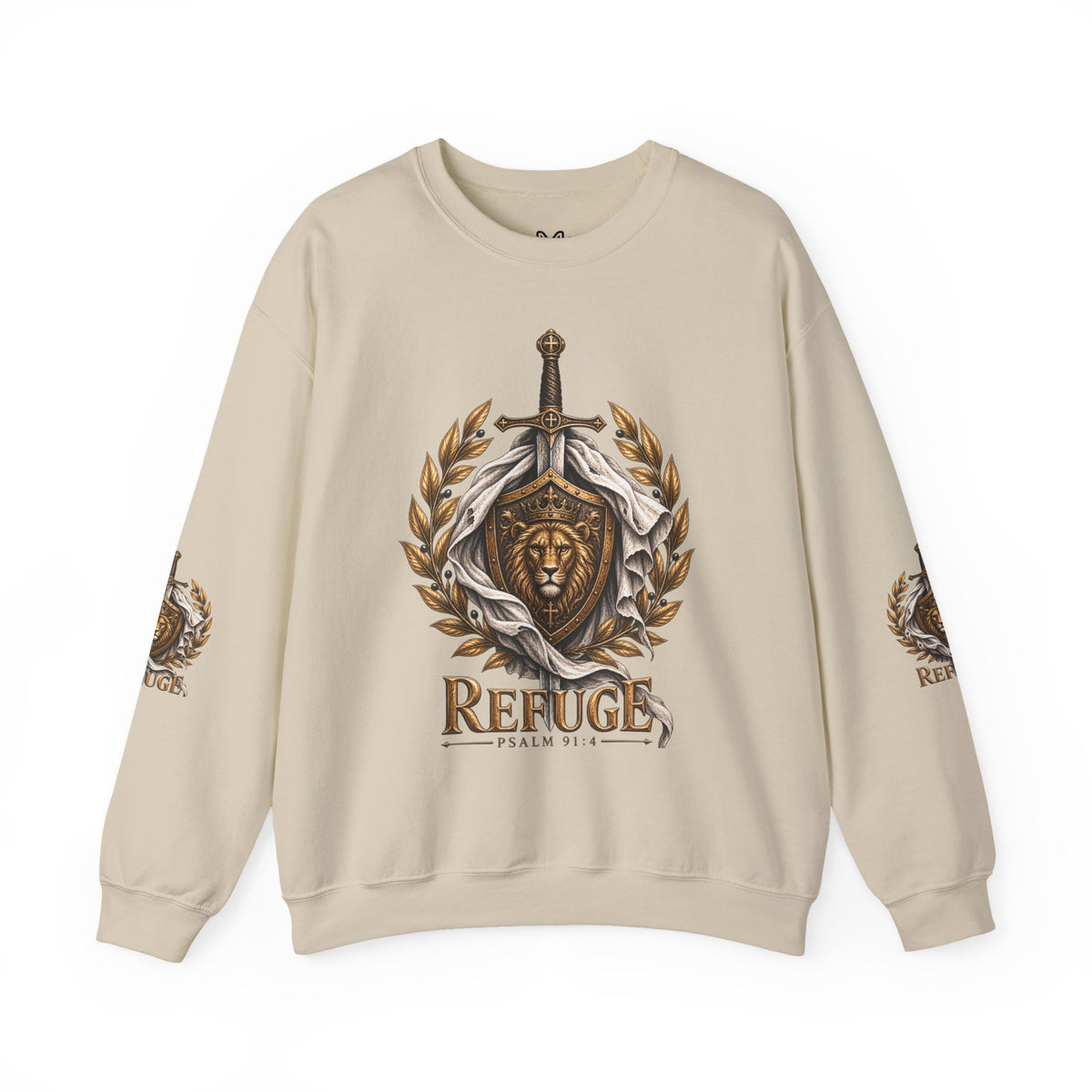 Crewneck Sweatshirt — 'Refuge' Lion & Sword Psalm 91:4 Christian Pullover
