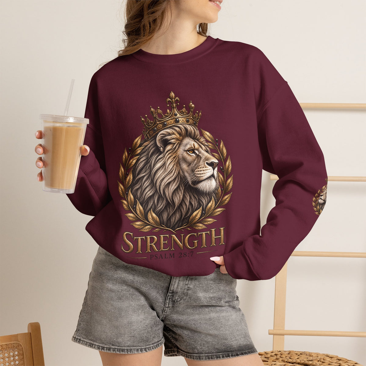 Strength Lion Crewneck Sweatshirt — Psalm 28:7 Inspirational Pullover
