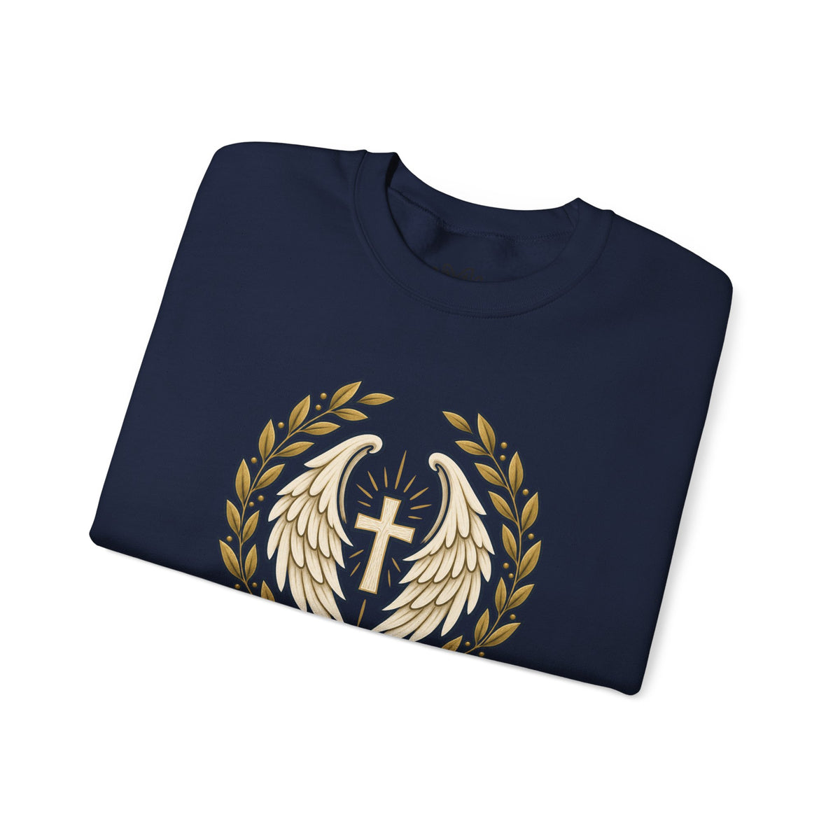 Under His Wings Crewneck Sweatshirt — Christian Cross & Angel Wings Psalm Design