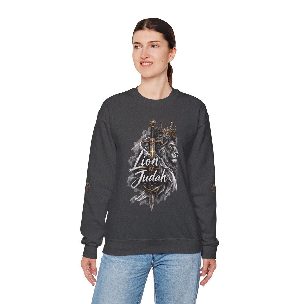 Lion of Judah Sweatshirt — Christian Lion Crewneck with Crown & Ichthys Back