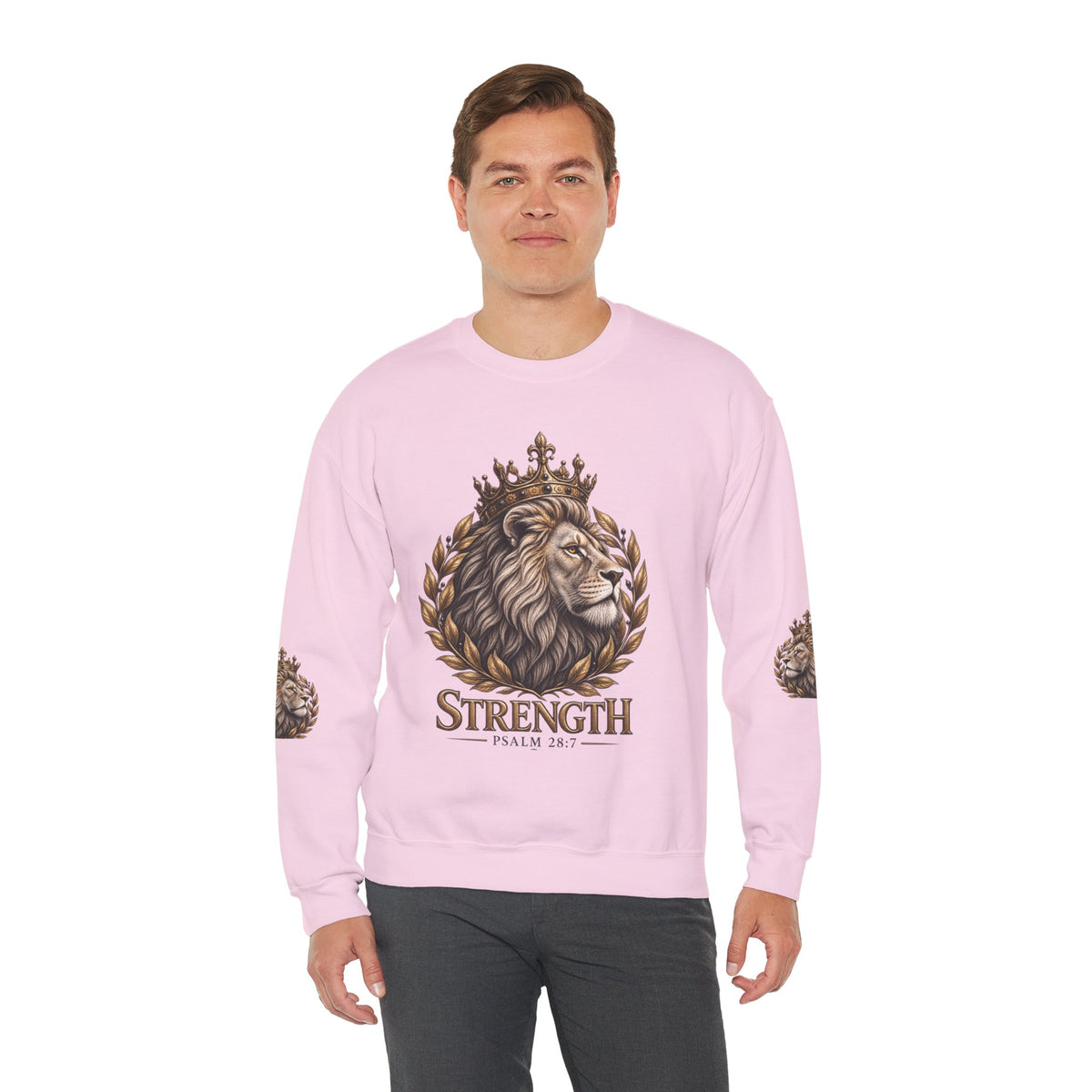 Strength Lion Crewneck Sweatshirt — Psalm 28:7 Inspirational Pullover