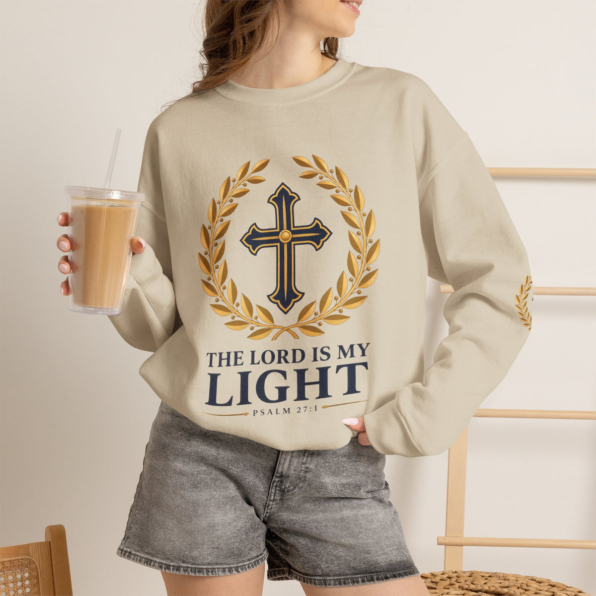 Psalm 27 Crewneck Sweatshirt — "The Lord Is My Light" Christian Cross Pullover