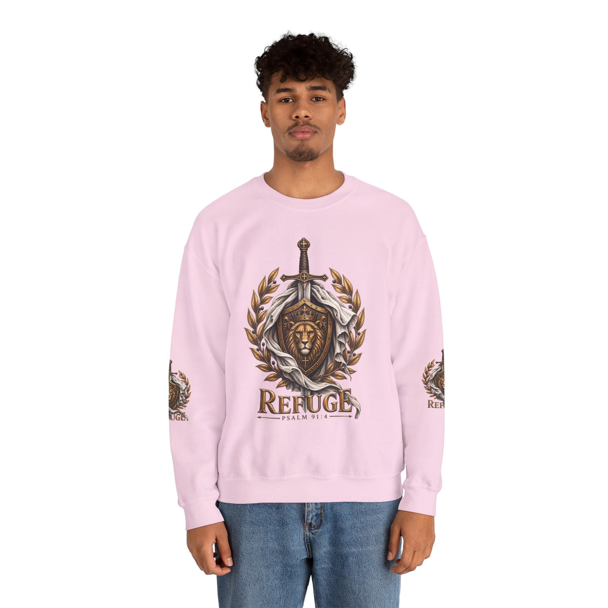 Crewneck Sweatshirt — 'Refuge' Lion & Sword Psalm 91:4 Christian Pullover