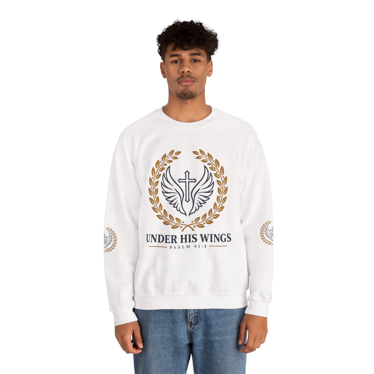 Religious Crewneck Sweatshirt – “Under His Wings” Psalm 91:4 Christian Pullover