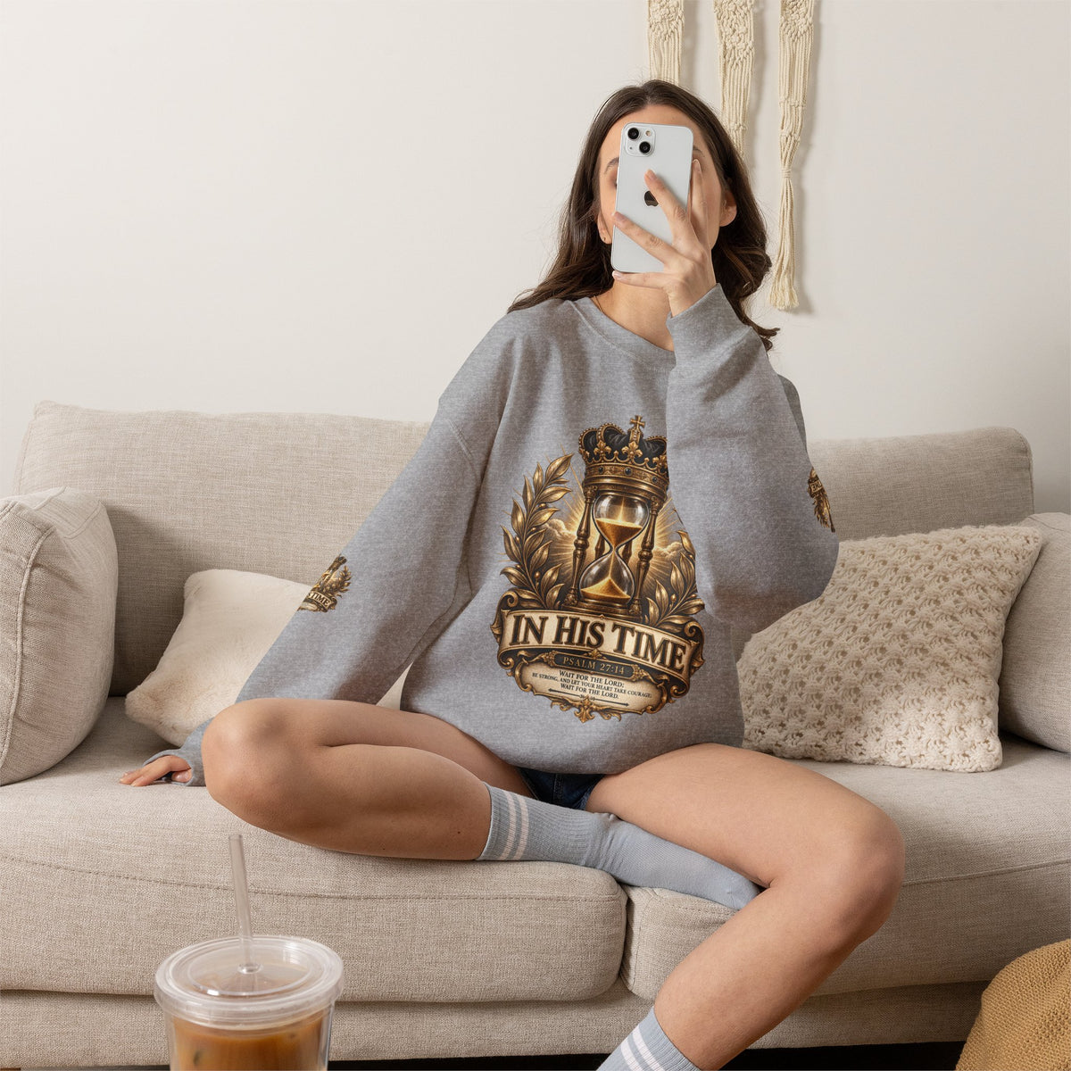 In His Time Crewneck Sweatshirt – Inspirational Christian Scripture Hourglass Design